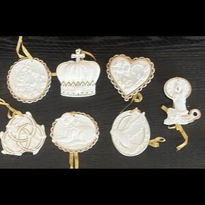 Vintage Porcelain Bisque Gold Trim Bible Scripture Christmas Ornaments
- Set 7